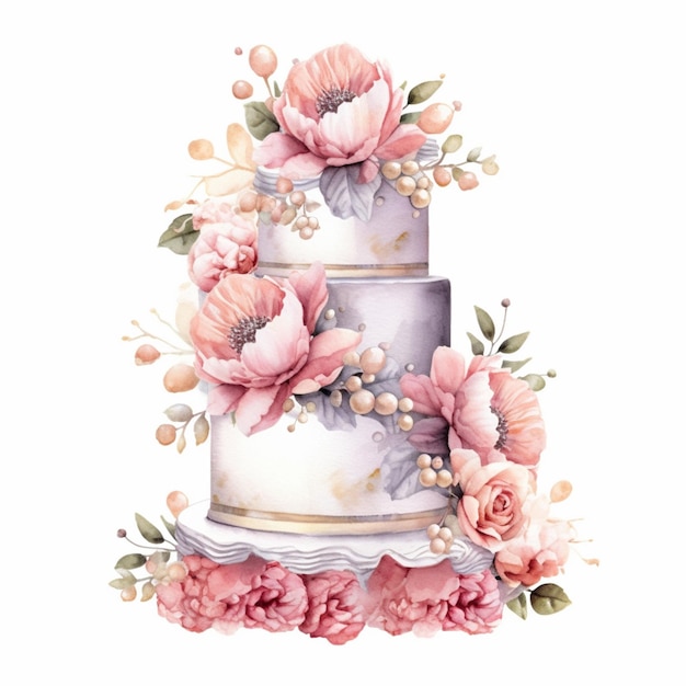 There is a watercolor painting of a wedding cake with flowers generative ai