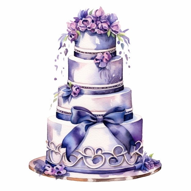 There is a watercolor painting of a wedding cake with purple flowers generative ai