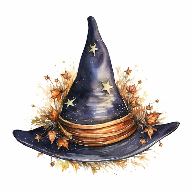 There is a watercolor painting of a witch hat with stars generative ai