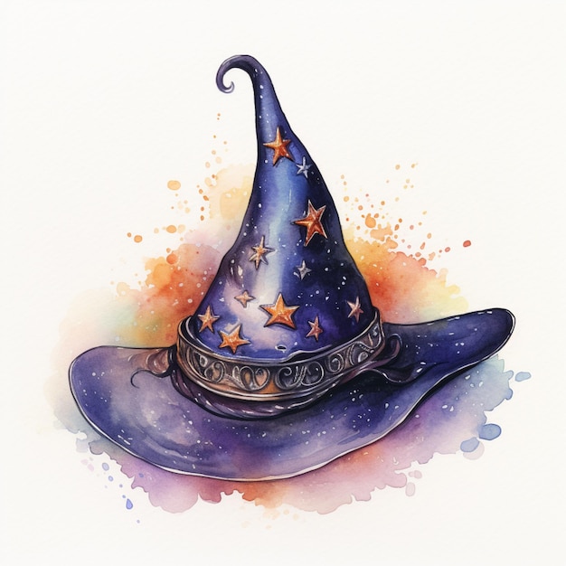 There is a watercolor painting of a witchs hat with stars generative ai