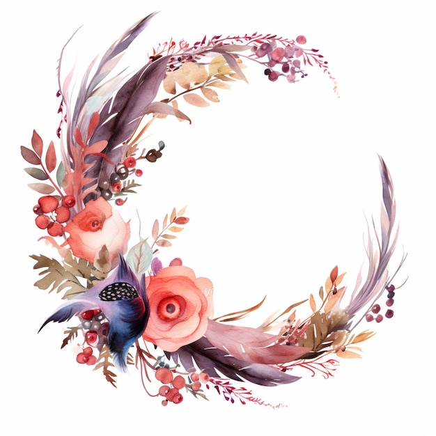 There is a watercolor painting of a wreath of flowers and feathers generative ai