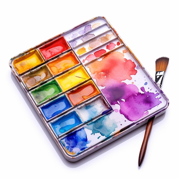 There is a watercolor palette and a brush on a tray generative ai
