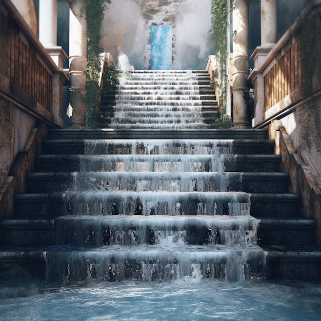 there is a waterfall coming down the steps of a building generative ai