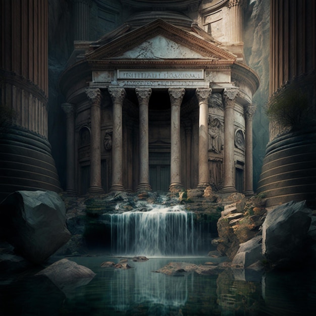 There is a waterfall in front of a building with columns generative ai