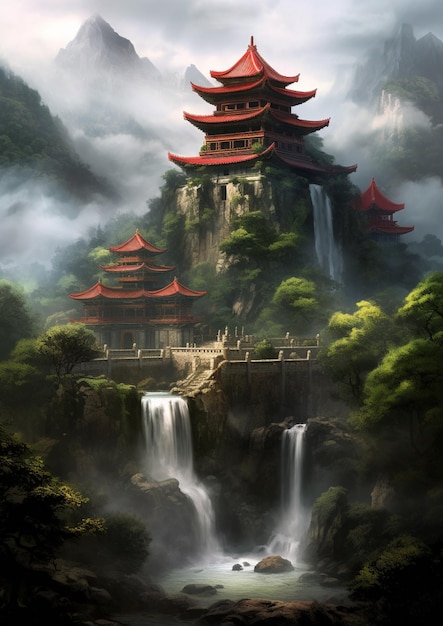 There is a waterfall in front of a pagoda in the mountains generative ai