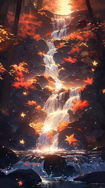 there is a waterfall in the middle of a forest with leaves on it generative ai