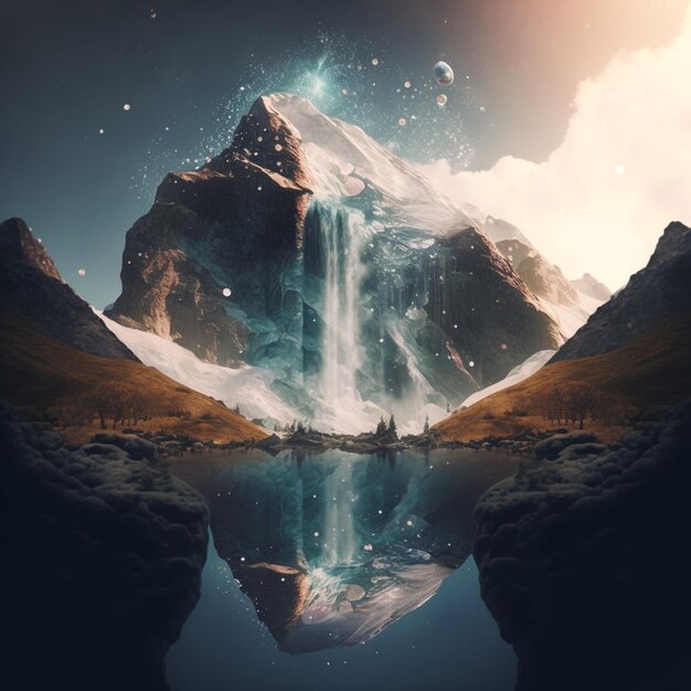 there is a waterfall in the middle of a mountain with a lake below generative ai