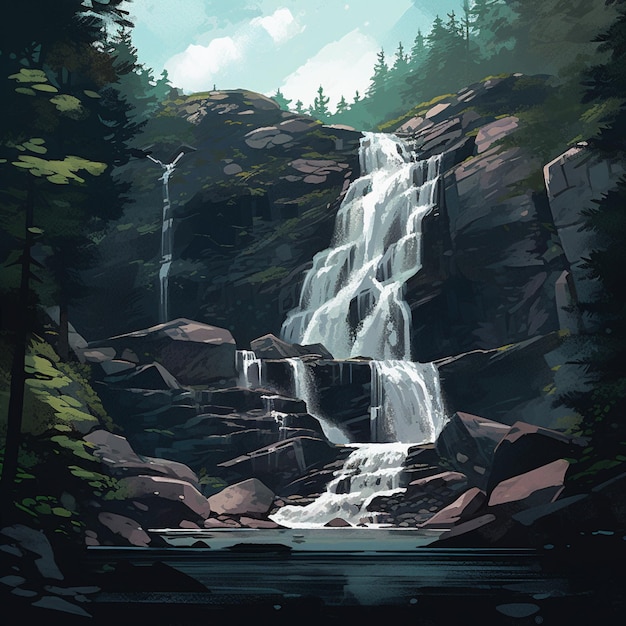 There is a waterfall that is in the middle of a forest generative ai