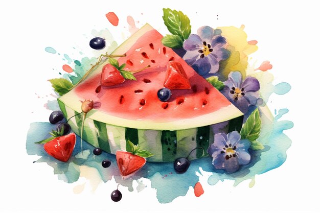 there is a watermelon with berries and blueberries on it generative ai