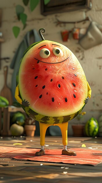 there is a watermelon with eyes and legs standing on a table generative ai