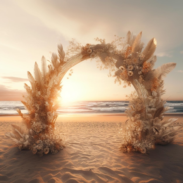 there is a wedding arch made of dried plants on the beach generative ai