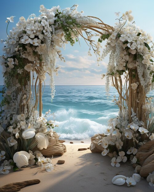 there is a wedding arch made of driftwood and flowers on the beach generative ai