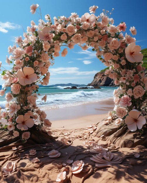 There is a wedding arch made of flowers on the beach generative ai