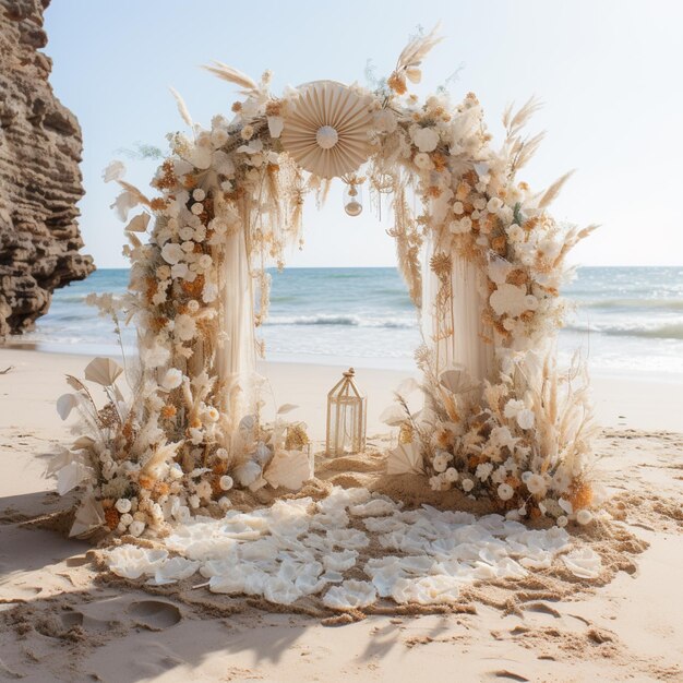 Photo there is a wedding arch made of shells and flowers on the beach generative ai