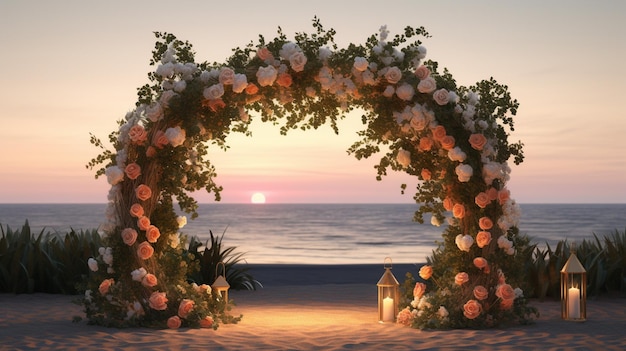 There is a wedding arch with flowers and candles on the beach generative ai