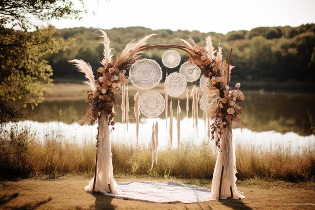 there is a wedding arch with flowers and feathers on it generative ai