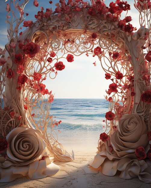 there is a wedding arch with roses and petals on the beach generative ai