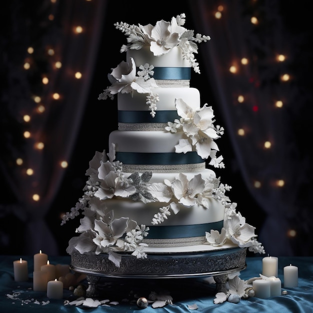 Photo there is a wedding cake with white flowers on a table generative ai