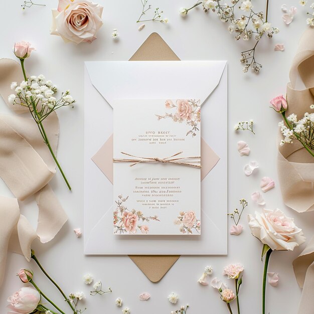 there is a wedding invitation with a pink rose on it generative ai