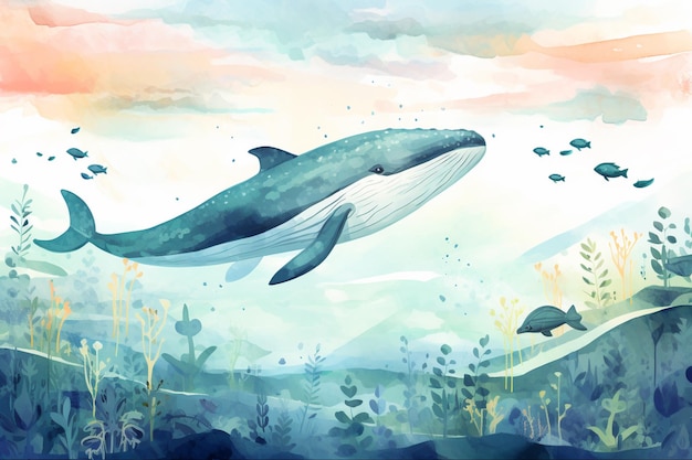 There is a whale that is flying in the sky above the water generative ai