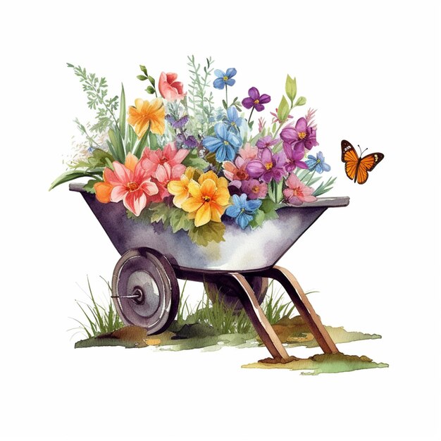 Photo there is a wheelbarrow with flowers and a butterfly in it generative ai