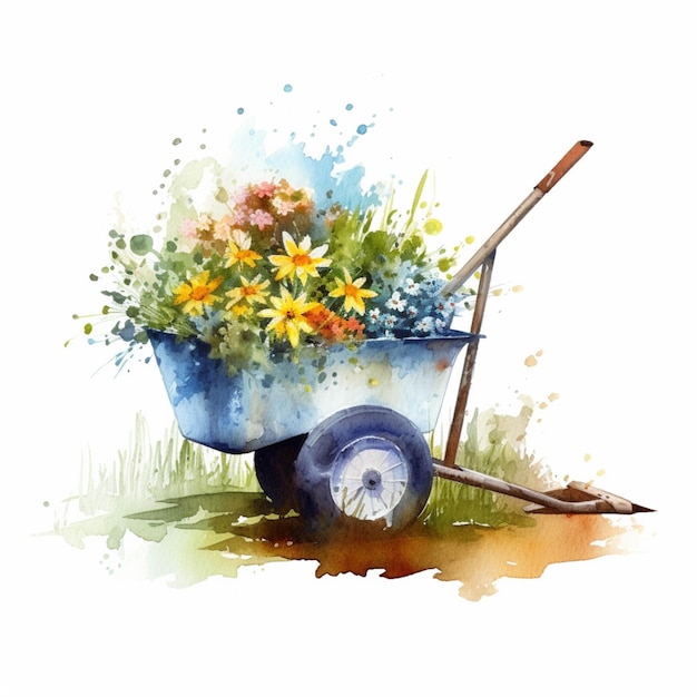 Photo there is a wheelbarrow with flowers in it on the grass generative ai