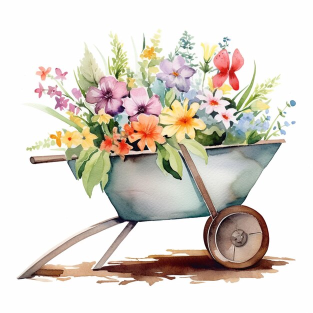 there is a wheelbarrow with flowers in it on the ground generative ai