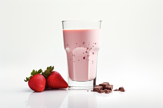 There is a white background with a glass filled with strawberry milk and chocolate milk overflowing