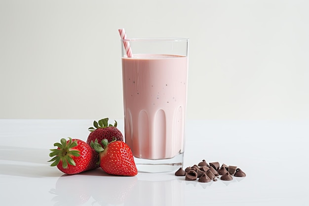 There is a white background with a glass filled with strawberry milk and chocolate milk overflowing