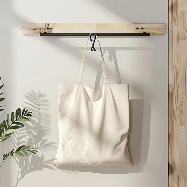 there is a white bag hanging on a wall next to a plant generative ai