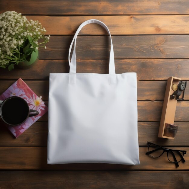 There is a white bag sitting on a table next to a cup of coffee generative ai