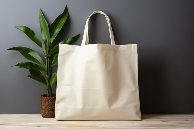 there is a white bag sitting on a wooden table next to a plant generative ai