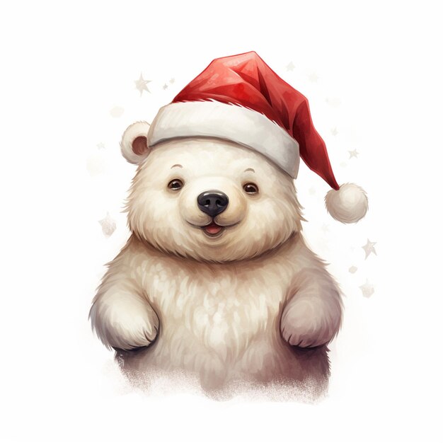 Photo there is a white bear wearing a santa hat and sitting down generative ai