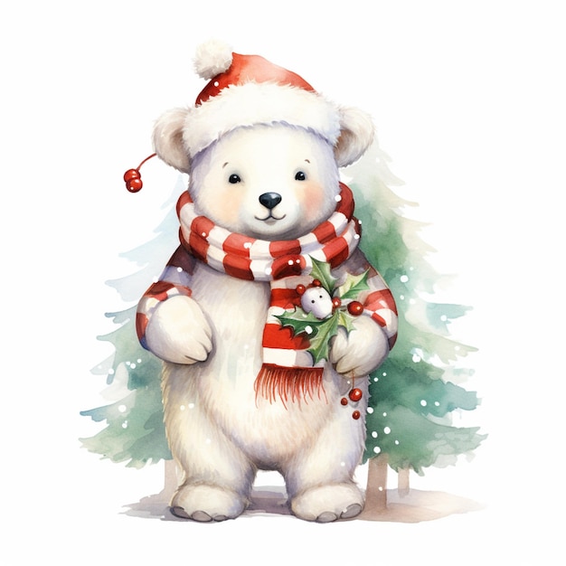 there is a white bear wearing a scarf and a hat generative ai