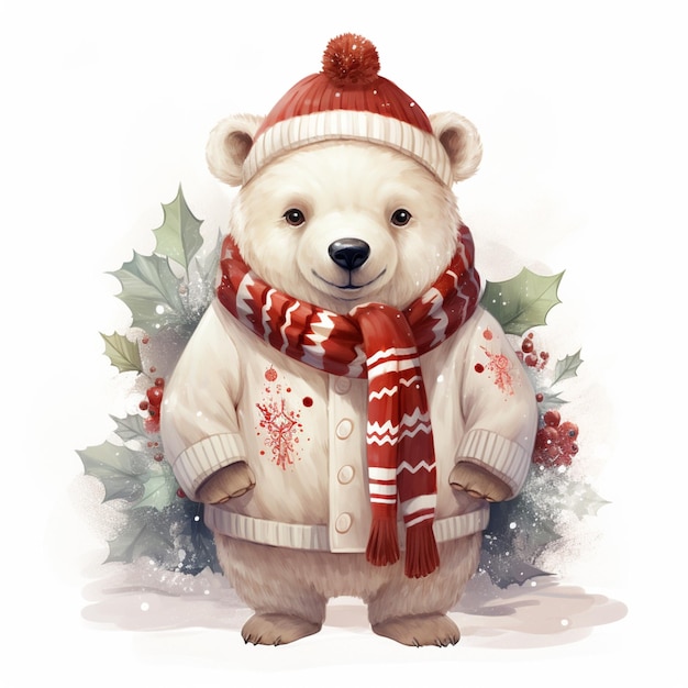 there is a white bear wearing a sweater and scarf generative ai