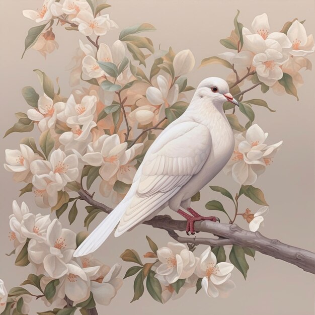 There is a white bird sitting on a branch of a tree generative ai