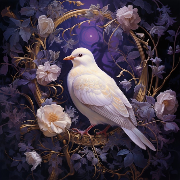 there is a white bird sitting on a flowered branch generative ai