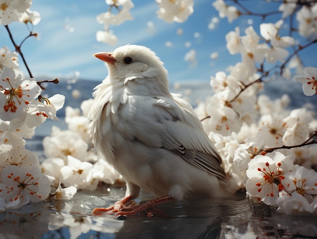Белая птица сидит на столе с цветами.