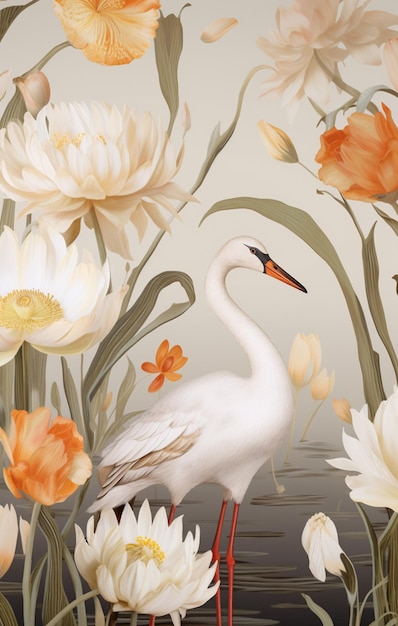 Белая птица стоит на цветочном поле, генеративный ИИ