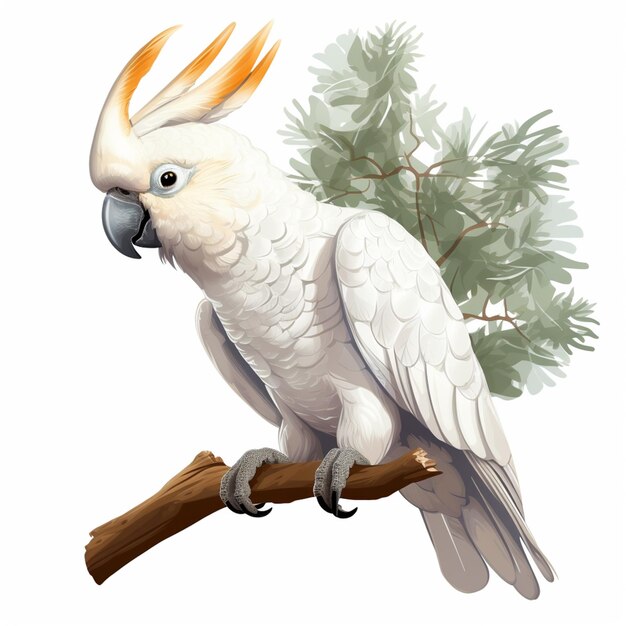 There is a white bird with yellow feathers sitting on a branch generative ai