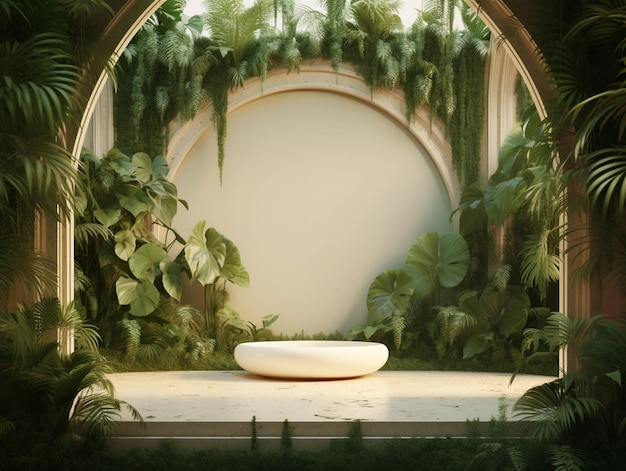 there is a white bowl sitting on a table in a garden generative ai