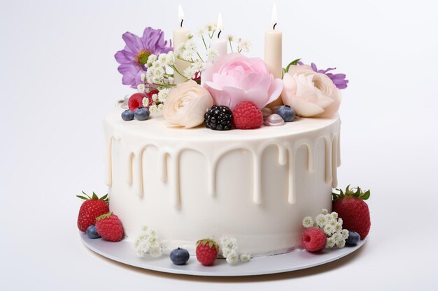 There is a white cake with flowers and candles on it generative ai