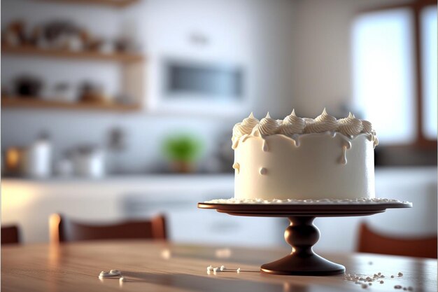 there is a white cake on a wooden table in a kitchen generative ai