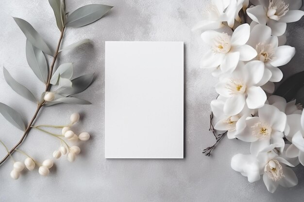 there is a white card surrounded by flowers and leaves generative ai