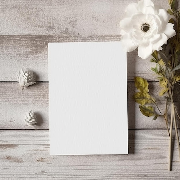 there is a white card with a flower on a wooden table generative ai