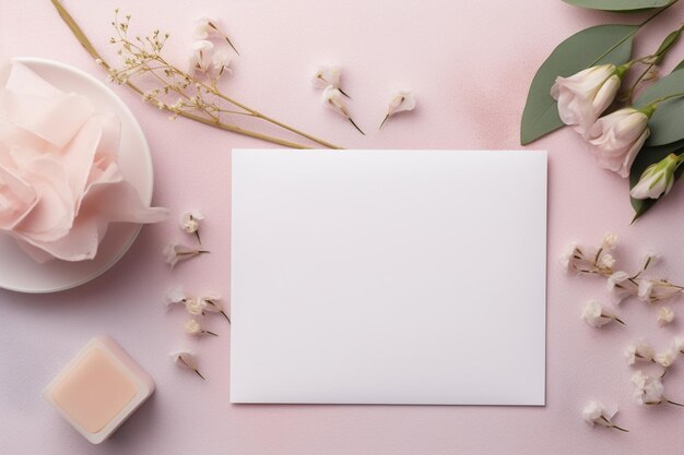 Photo there is a white card with a pink flower and a candle generative ai