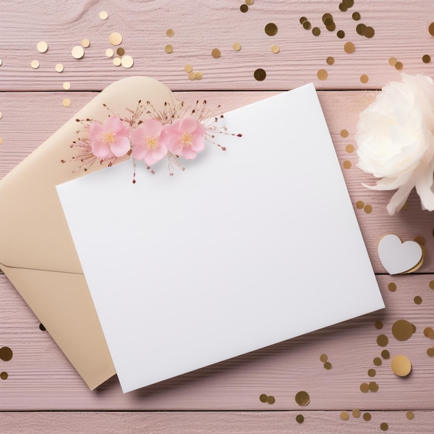 Photo there is a white card with pink flowers on it next to a pink envelope generative ai