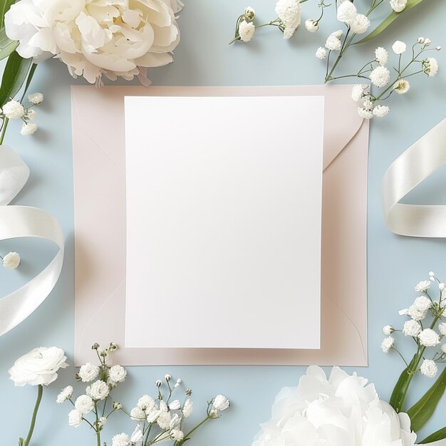 there is a white card with a white flower and ribbon generative ai