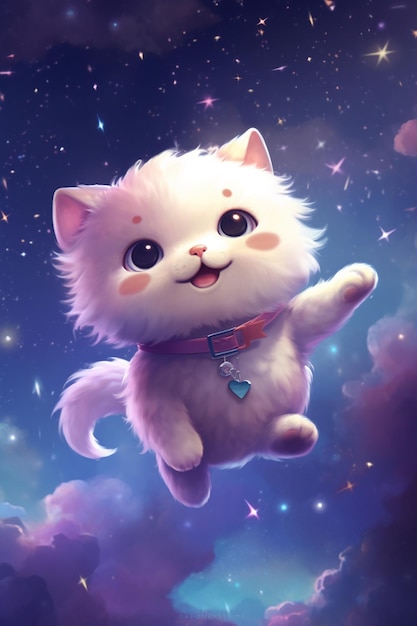 Photo there is a white cat flying through the sky with a pink collar generative ai