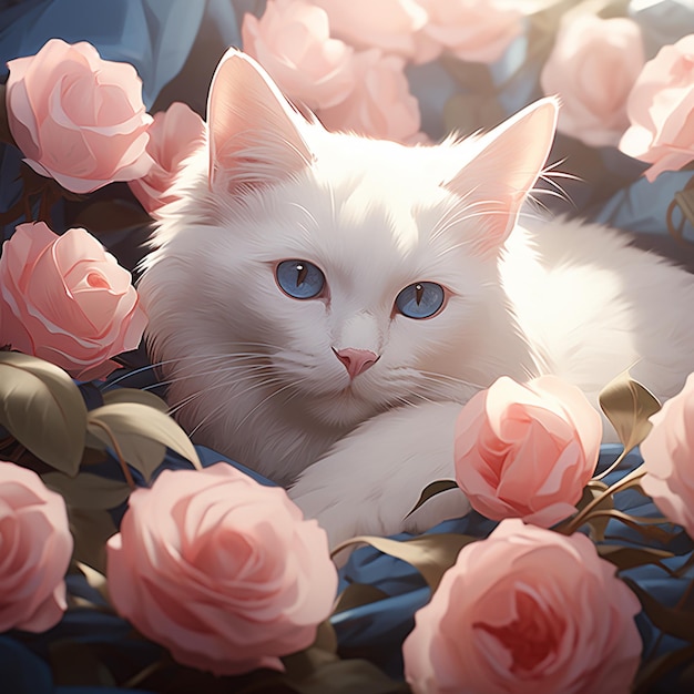 there is a white cat laying in a bed of pink roses generative ai